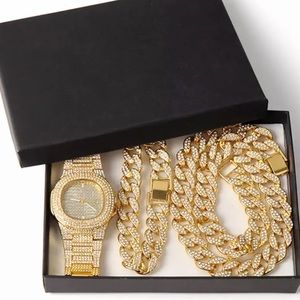 Men’s Cuban Bling Link Necklace, Bracelet & Watch Set!